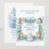 ブルーパステル フラワーフェアリー ファーストバースデー - 招待状 (正面/裏面)