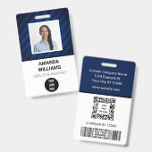 ブルーパターン従業員QRコードバーコード名バッジ バッジ (正面＆裏面)