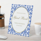 ブルーパターン（の模様が）あるの結婚ゲストブックの看板 台座サイン (インサイチュ)