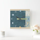 ブルーパッチワークツーウォールロック スクエア壁時計 (ホーム)