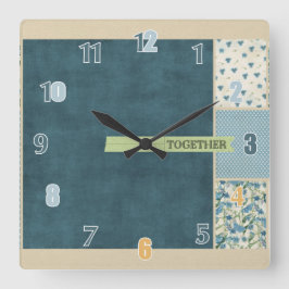ブルーパッチワークツーウォールロック スクエア壁時計
