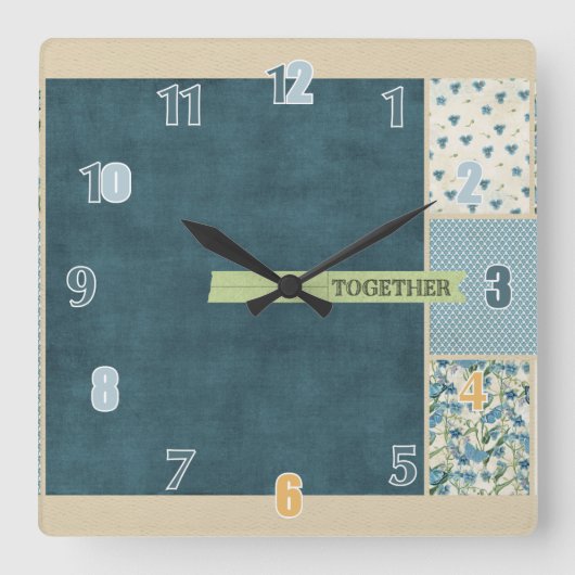 ブルーパッチワークツーウォールロック スクエア壁時計 (正面)
