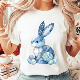 ブルーパッチワーク イースター バニー フラワー ギンガム スプリング Tシャツ