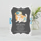 ブルーパピードッグママグリッターシェブロンベイビーシャワー 招待状 (スタンド正面)