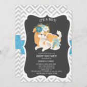 ブルーパピードッグママグリッターシェブロンベイビーシャワー 招待状 (正面/裏面)