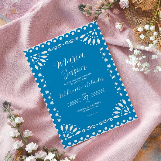 ブルーパペルピカド 伝統的なボーダ スペインの結婚式 招待状