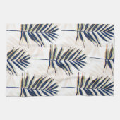 ブルーパモダンーム葉金ゴールドストロークホワイトデザイン キッチンタオル (横)