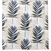 ブルーパモダンーム葉金ゴールドストロークホワイトデザイン シャワーカーテン (正面)