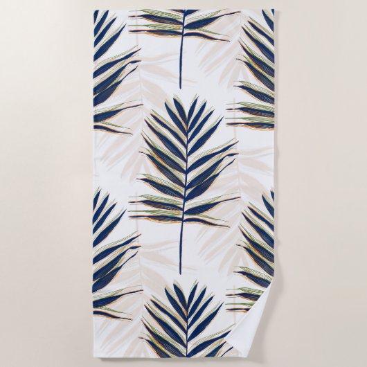 ブルーパモダンーム葉金ゴールドストロークホワイトデザイン ビーチタオル (正面)
