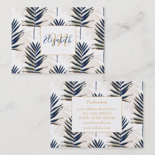 ブルーパモダンーム葉金ゴールドストロークホワイトデザイン 名刺 (正面/裏面)