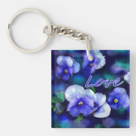 ブルーパンシーパンシーフラワーフローラティール（緑がかった色）'Love' キーホルダー (正面)