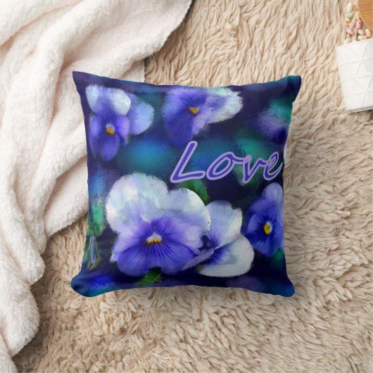 ブルーパンシーパンシーフラワーフローラティール（緑がかった色）'Love' クッション (ブランケット)