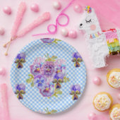 ブルーパンジーチェックフラワーパターン紙パーティープレート ペーパープレート (パーティー)