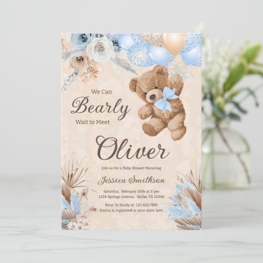 ブルーパンパスグラス我々は赤ちゃんシャワーを待つことができる 招待状 (スタンド正面)