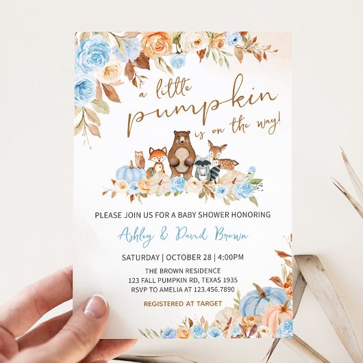 ブルーパンプキンウッドランドベビーシャワー招待状 招待状