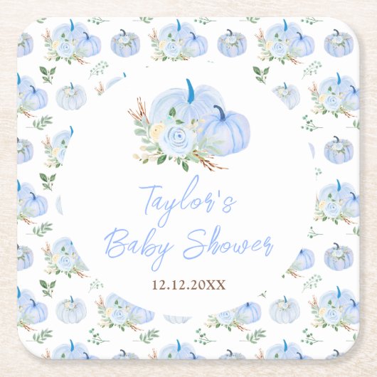 ブルーパンプキンスフローラベビーシャワー スクエアペーパーコースター (正面)