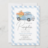 ブルーパンプキントラックギンガムボーイ1歳の誕生日 招待状 (正面)