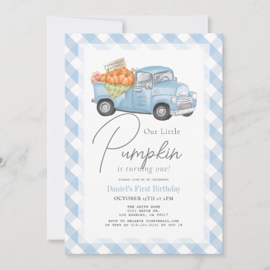 ブルーパンプキントラックギンガムボーイ1歳の誕生日 招待状 (正面)