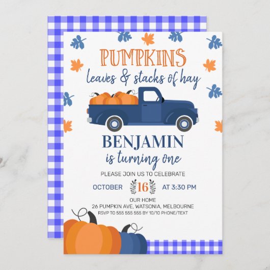 ブルーパンプキントラックパンプキ葉ンとヘイ誕生日 招待状 (正面/裏面)