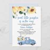 ブルーパンプキントラックヒマワリ赤ちゃんシャワー 招待状 (正面/裏面)