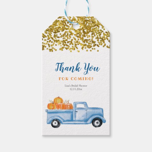 ブルーパンプキントラックフェイク金ゴールドサンキューラベル ギフトタグ (正面)