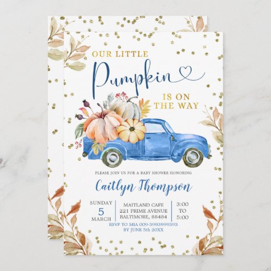 ブルーパンプキントラックベビーシャワー招待状 招待状 (正面/裏面)