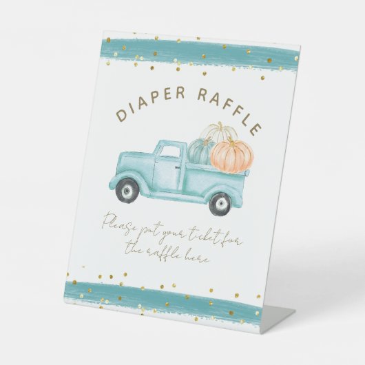 ブルーパンプキントラックモダン秋ベビーシャワーオムツ 台座サイン (正面)