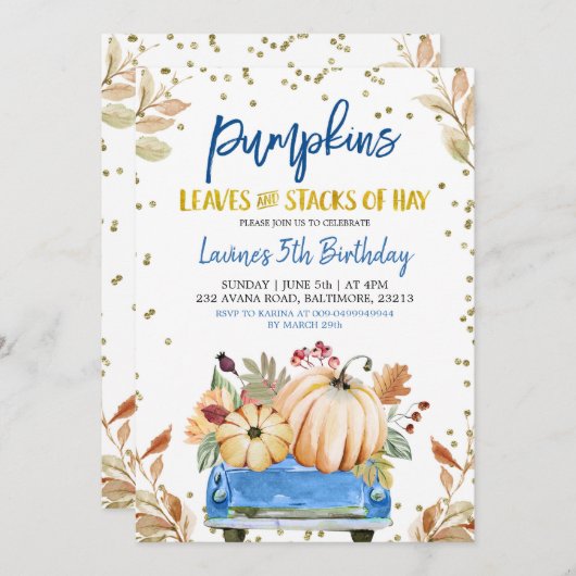 ブルーパンプキントラック誕生日招待状 招待状 (正面/裏面)