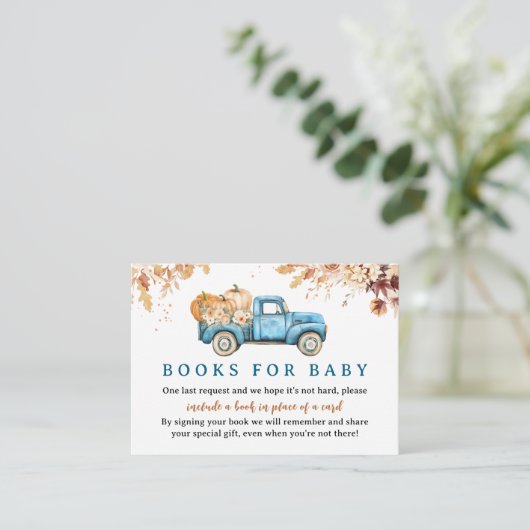 ブルーパンプキントラック赤ちゃんシャワー秋本ベビー エンクロージャーカード (スタンド正面)