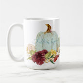 ブルーパンプキン秋インラブスクリプトタイポグラフィフローラ コーヒーマグカップ (左)