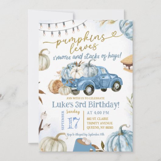 ブルーパンプキ離れンズとs'more秋誕生日ボーイ 招待状 (正面)