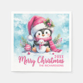 ブルーパーソナライズされたとピンクペンギンのメリークリスマス スタンダードカクテルナプキン (正面)