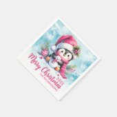 ブルーパーソナライズされたとピンクペンギンのメリークリスマス スタンダードカクテルナプキン (角)