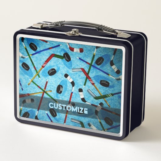 ブルーパーソナライズされたアイスホッケー メタルランチボックス (正面)
