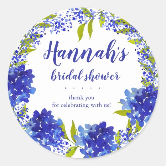 ブルーパーソナライズされたアジサイありがとうブライダルショウ ラウンドシール (正面)