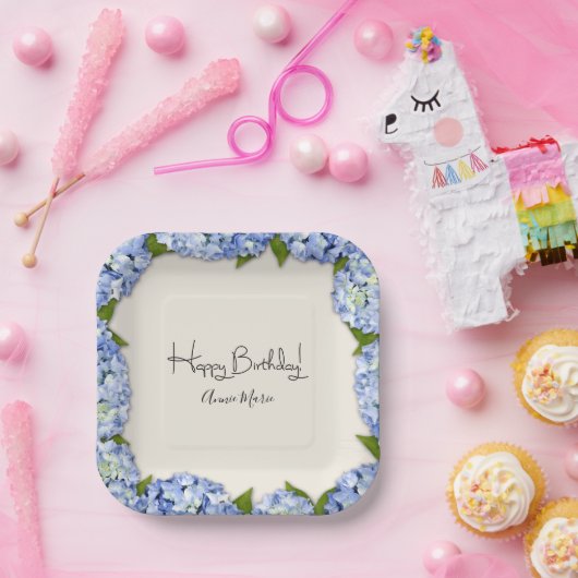 ブルーパーソナライズされたアジサイ誕生日プレート ペーパープレート (パーティー)