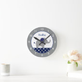 ブルーパーソナライズされたアンドグレーエレファント子供部屋ラウンド  ラウンド壁時計 (ホーム)