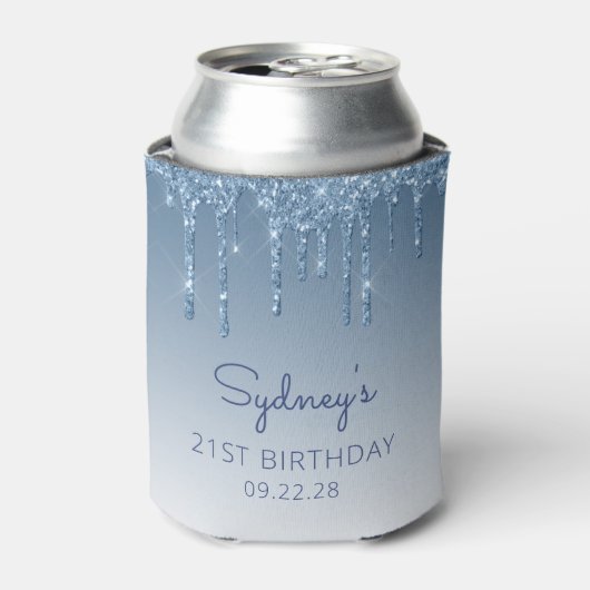 ブルーパーソナライズされたグリッタードリップ21歳の誕生日 缶クーラー (缶正面)