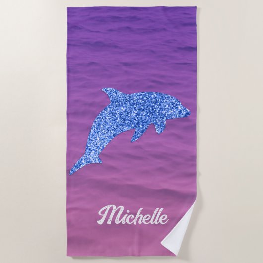 ブルーパーソナライズされたグリッタードルフィンピンクとパープル ビーチタオル (正面)