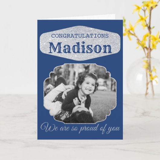 ブルーパーソナライズされたグリッター卒業カード カード (黄色い花)