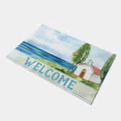 ブルーパーソナライズされたコースト海ビーチ教会 ドアマット (アングル)