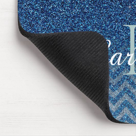 ブルーパーソナライズされたスエレガントパークルグリッターモノグラム マウスパッド (コーナー)