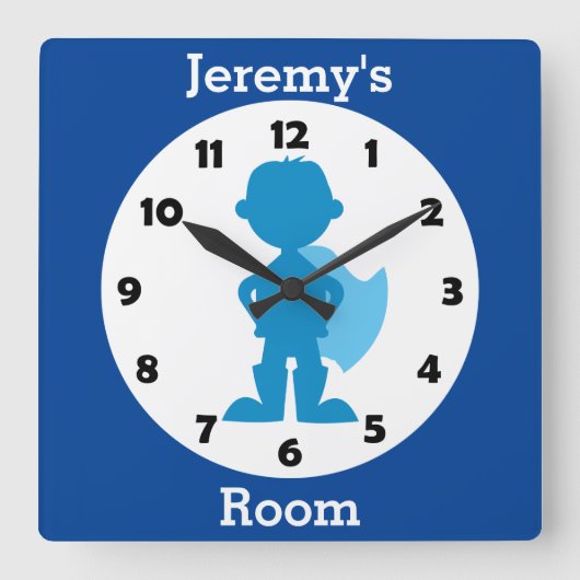 ブルーパーソナライズされたスーパーヒーローボーイキッズルーム スクエア壁時計 (正面)