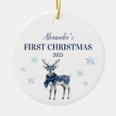 ブルーパーソナライズされたトナカイベビー初めてのクリスマス セラミックオーナメント (正面)