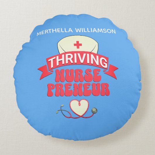 ブルーパーソナライズされたナーセプレナーナース起業家 ラウンドクッション (正面)