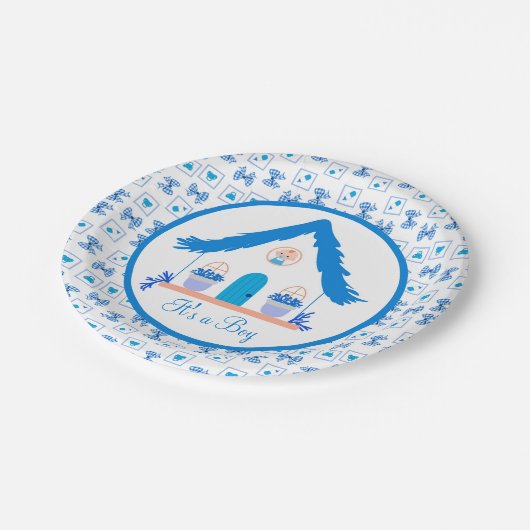 ブルーパーソナライズされたハウス男の子の赤ちゃんシャワー ペーパープレート (アングル)