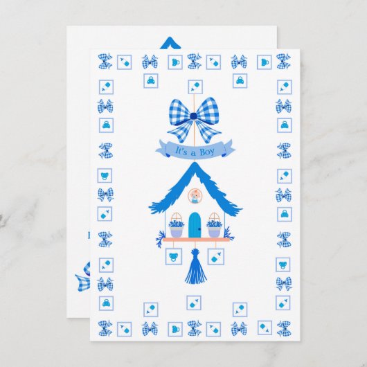 ブルーパーソナライズされたハウス男の子の赤ちゃんシャワー 招待状 (正面/裏面)