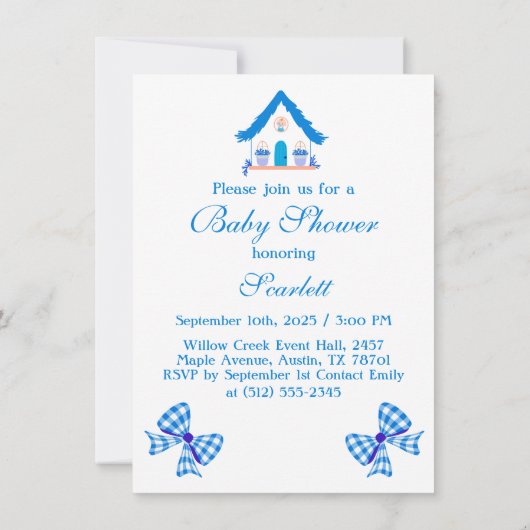 ブルーパーソナライズされたハウス男の子の赤ちゃんシャワー 招待状 (裏面)