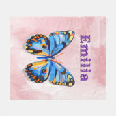 ブルーパーソナライズされたピンクバタフカスタムラ名門私立校風の フリースブランケット (正面(横))