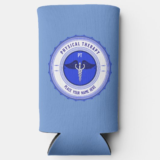 ブルーパーソナライズされたフィジカルセラピーカドゥセウス スリム缶クーラー (正面)